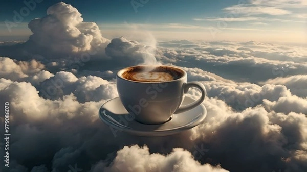 Fototapeta A Steaming Cup of Coffee Floating Above the Clouds with a Majestic Mountain Sunrise