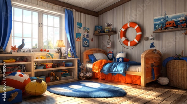 Fototapeta A computer-generated image of a child's bedroom decorated with a nautical theme and toys.