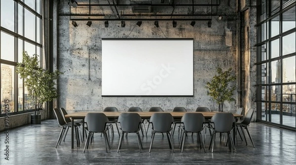 Fototapeta An empty mockup screen with a blank meeting conference room in a modern setting