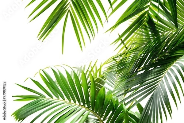Fototapeta Green palm leaves isolated on white background with copy space for text.