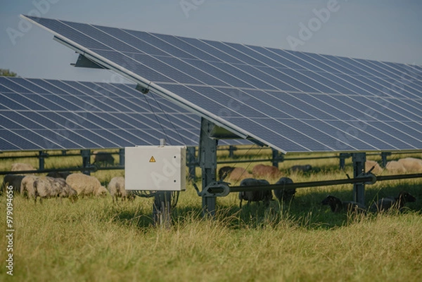 Fototapeta String combiner box for photovoltaic systems labeled "Warning: High Voltage, Electrical Hazard" on solar farm with solar trackers panels and flock of sheep grazed beneath the structures. Agrivoltaics 