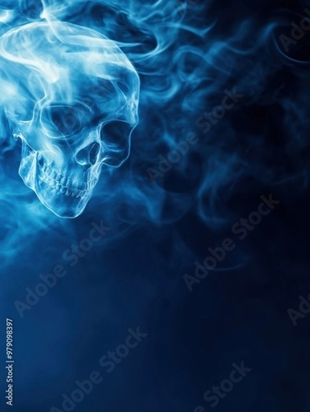 Fototapeta A mystical blue skull emerges from swirling smoke, creating an eerie and captivating atmosphere perfect for spooky themes.