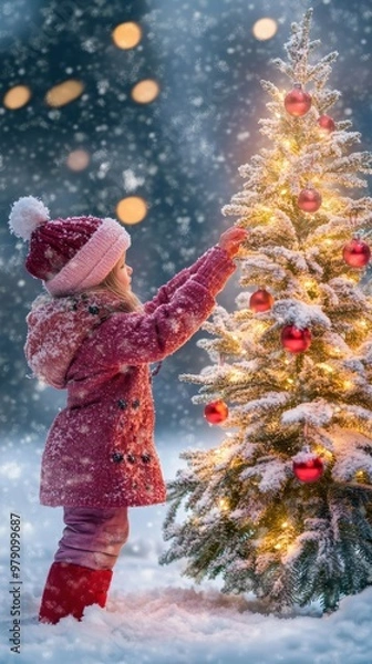 Fototapeta A little girl standing next to a christmas tree