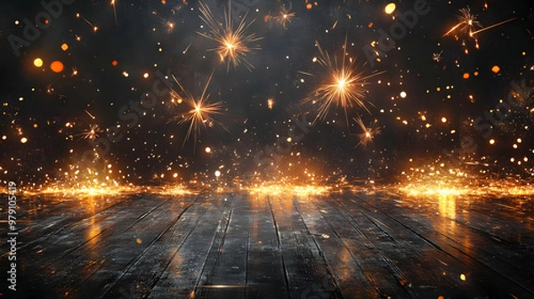 Fototapeta Abstract Background with Golden Sparks Falling on Dark Wooden Floor