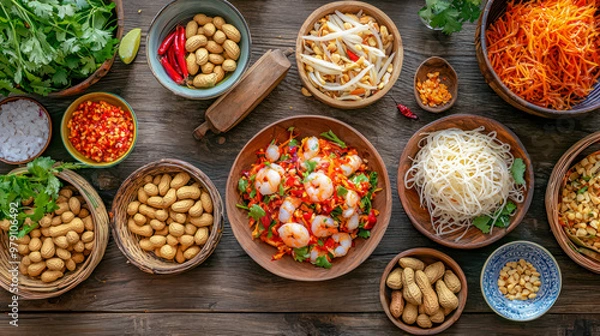 Fototapeta A vibrant and colorful papaya salad served in a bowl, featuring fresh ingredients like shredded papaya, carrots, and herbs, creating a refreshing and healthy dish.