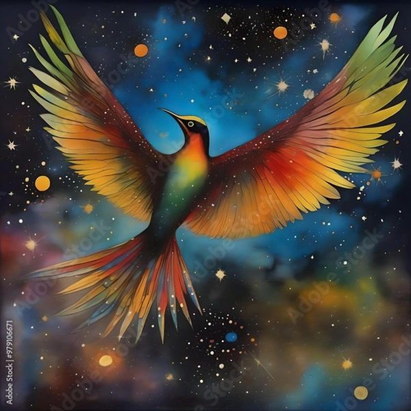 Fototapeta A colorful artwork showcasing a bird gliding through the sky, capturing the essence of freedom and nature.
generated ai