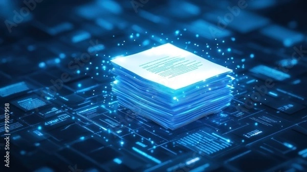 Fototapeta A glowing stack of digital documents on a futuristic background.