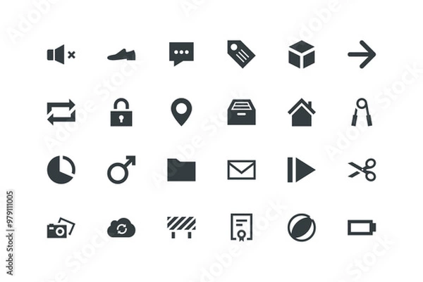 Fototapeta 3D view, Arrow, Audio, Barrier, Battery, Beachball, Certificate, Check, vector illustration, icons set