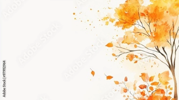 Fototapeta Watercolor Autumn Tree Branches with Falling Leaves and Copy Space