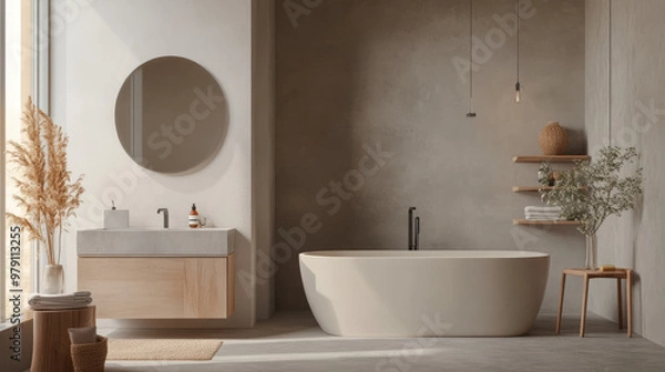 Obraz A simple bathroom with a concrete floor, gray and beige walls, a cabinet, and a bathtub.
