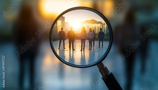 Fototapeta Magnifying glass focused on a diverse group of people standing and facing sunlight in an open space, symbolizing analysis and teamwork.