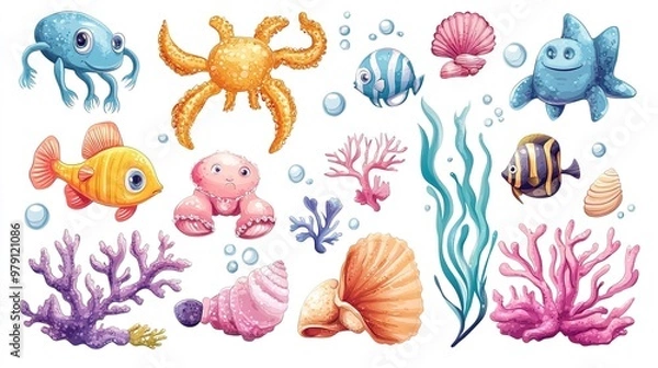 Fototapeta Vector set of adorable sea animals, shells, and corals on a white background