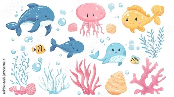 Fototapeta Cute sea animal characters, shells, and corals, vector clip art on white.