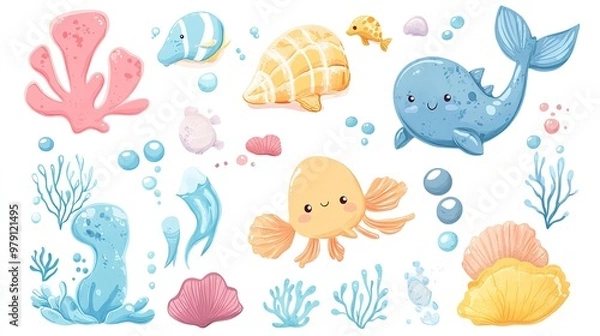 Fototapeta Vector set with cute sea animals, corals, and shells on a white background.
