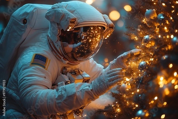 Fototapeta An astronaut decorates a Christmas tree with twinkling lights