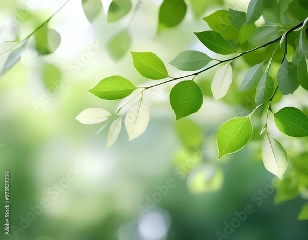 Fototapeta Defocused leaves and branches creating a soft, abstract pattern in light green and white tones
