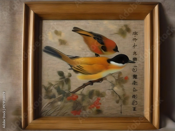 Fototapeta A framed painting depicting two birds perched on a tree branch, showcasing their vibrant colors and serene surroundings. generated ai
