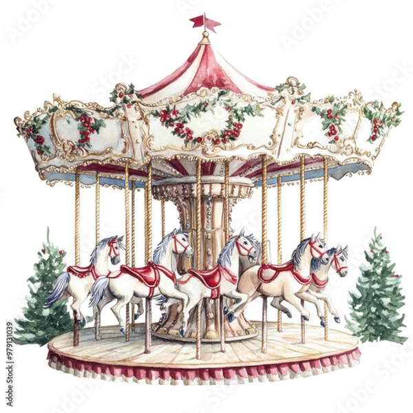 Obraz carousel with horses, Christmas theme, watercolor illustration, isolated on a white background