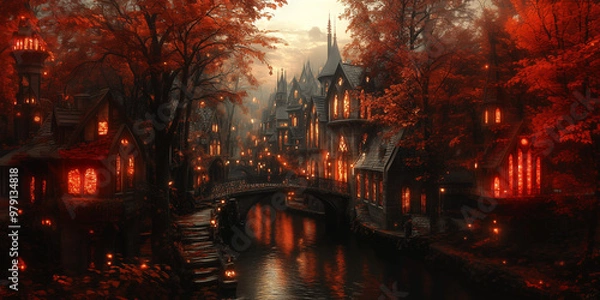 Fototapeta A photographic fantasy image of an autumn elven city