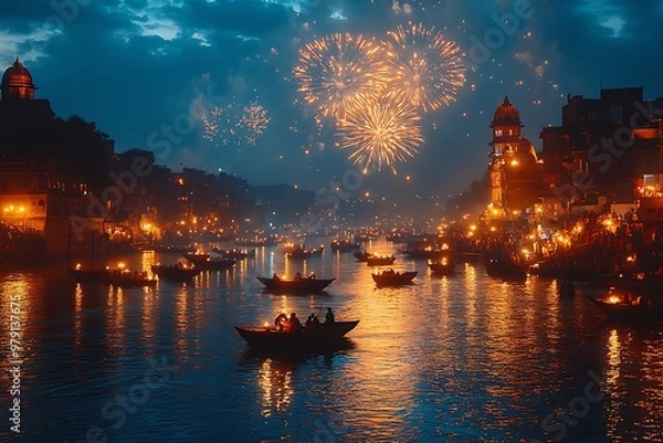 Fototapeta A vibrant nighttime celebration with fireworks and illuminated boats on a river.