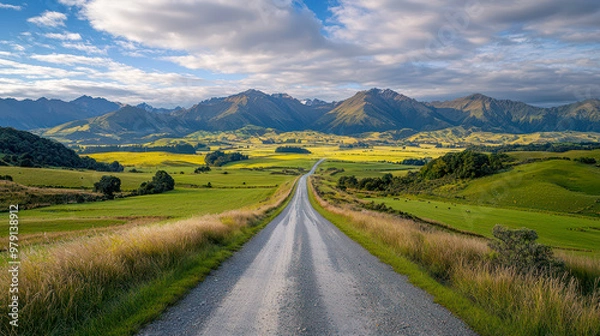 Fototapeta A breathtaking landscape of Switzerland showcasing rolling hills, lush greenery, and a serene countryside setting under a clear blue sky.