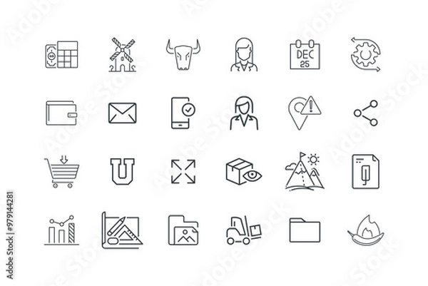 Fototapeta Bull, Business woman, Calendar, Flow data, set of icons for web design, vector illustration