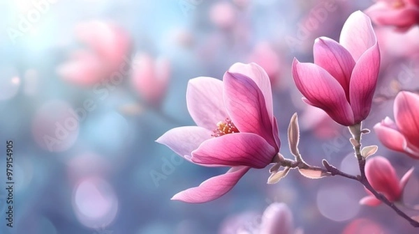 Fototapeta Pink Magnolia Blossom with Delicate Petals and Bokeh Background