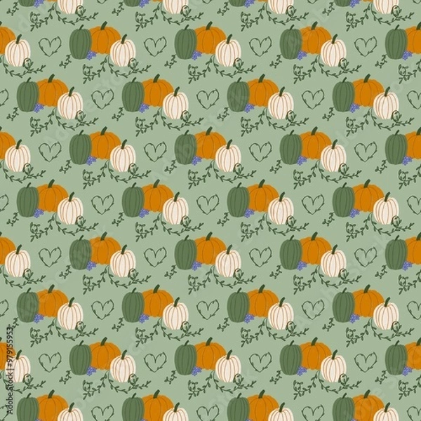 Fototapeta Seamless pumpkin pattern with leaves