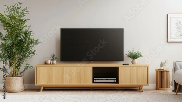 Fototapeta A bamboo TV stand with sliding doors features a minimalist design