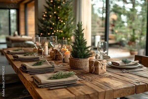 Fototapeta Rustic Christmas table setting with festive decor and warm lighting