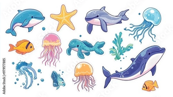 Fototapeta Set of Colorful Sea Animal Stickers Featuring Dolphins, Whales, Tropical Fish, Sea Turtles, Jellyfish, and Starfish, Detailed Illustrations with Clear Outlines on Plain Background