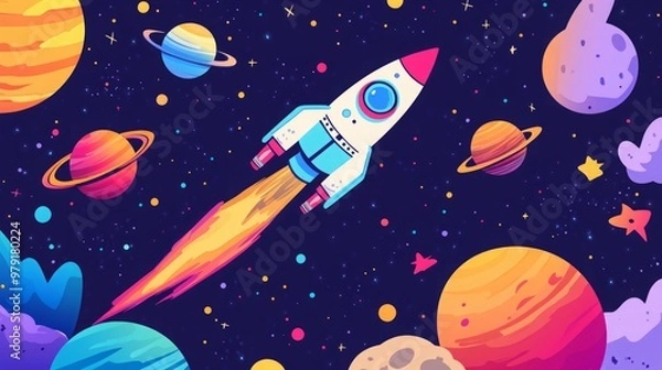 Fototapeta Colorful Space Rocket and Planets Illustration Showcasing a Vibrant Space Adventure with Cartoon Rockets and Planets in an Educational and Fun Design