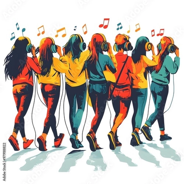 Obraz Colorful scene of people listening to music, designed in a retro style with contrasting colors and minimal details. The illustration conveys a joyful entertainment vibe, isolated on a white background