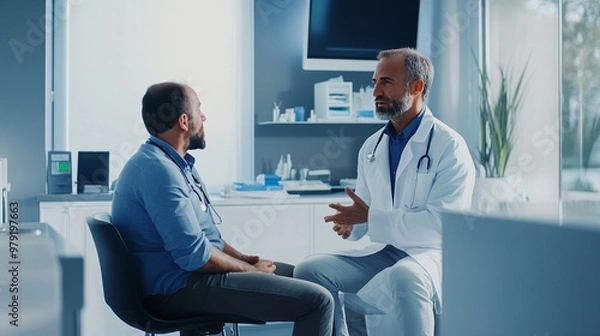 Obraz A doctor wearing a white coat consulting with a patient in a modern clinic