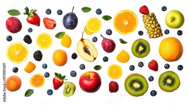 Fototapeta A colorful collection of fruits and vegetables including apples, oranges, lemons, kiwis, bananas, strawberries, pears, watermelon, pineapples, limes, and peaches on a white background