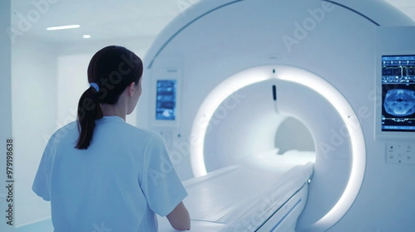 Obraz A medical technician operating an advanced mri scanner in a hospital