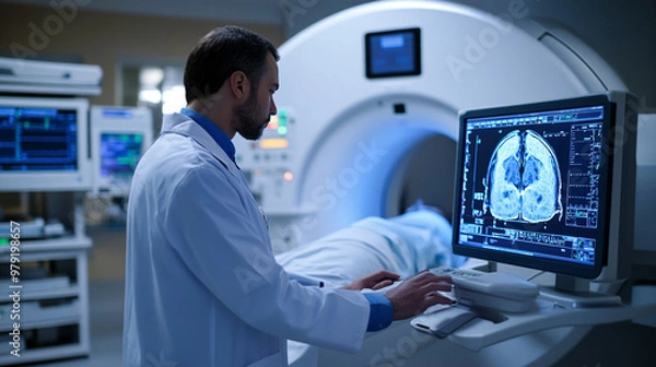 Obraz A medical technician operating an advanced mri scanner in a hospital