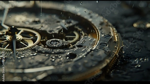 Obraz Intricate dismantled mechanical watch with detailed gears and springs on dark background, symbolizing precision and complexity in teardown analysis.
