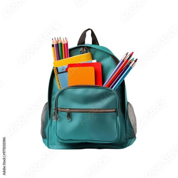 Fototapeta Red backpack filled with school supplies. Suitable for back to school promotions, educational content, and marketing materials for students and teachers. Generative AI