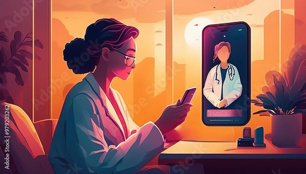 Fototapeta A patient schedules an online consultation with a doctor using a smartphone, illustration generated AI