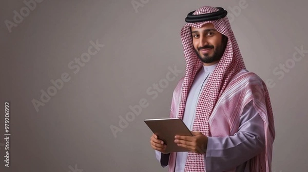 Obraz arab businessman using tablet on isolated background