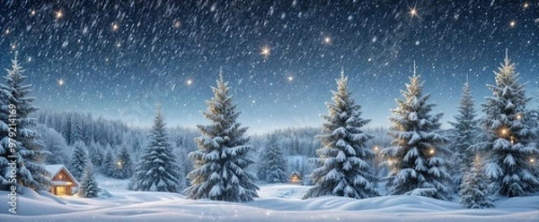 Fototapeta Christmas banner. Beautiful night scene with a snowy landscape and a starry sky. The scene is dominated by tall, snow-covered pine trees.