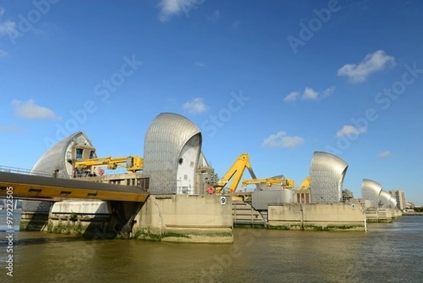 Obraz The London Thames flood barrier, England, U.K. On a calm sunny September day with the barriers down.