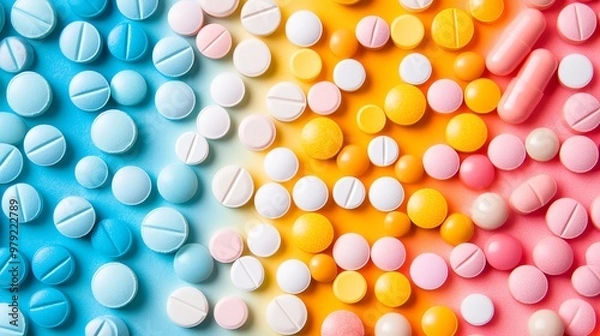 Fototapeta Assorted medicine pills and capsules in bright colors, laid out on a minimalist background, ideal for healthcare promotions