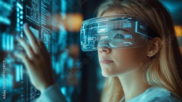 Fototapeta beautiful business woman with transparent VR big glasses touching olographic screen with kpi graphics and projects data