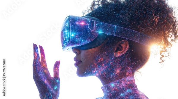Fototapeta Woman in VR Headset with Digital Particles, Immersed in Metaverse