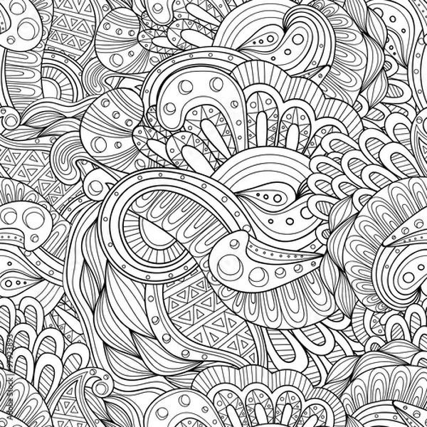 Fototapeta Doodle black and white abstract hand-drawn background. Wavy seamless pattern.