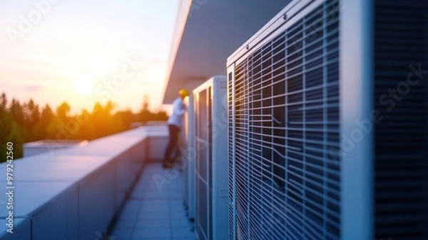 Fototapeta An HVAC maintenance service in progress, with a technician checking the air conditioning system's components, ensuring optimal performance in a commercial building