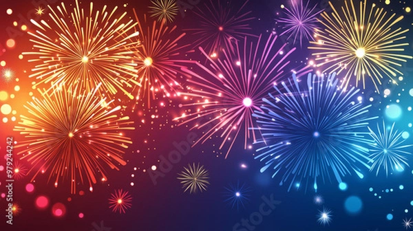 Obraz Colorful fireworks display with red, blue, and yellow explosions in the night sky