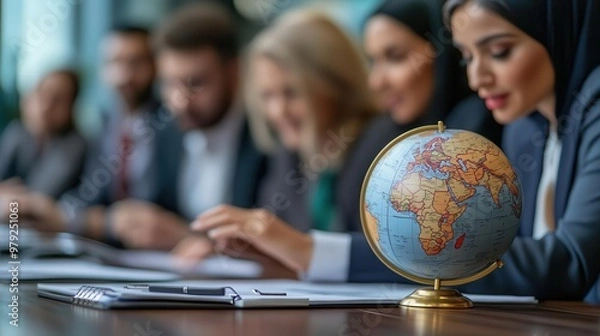Fototapeta Diverse business team working together around a globe, symbolizing global collaboration and international business.